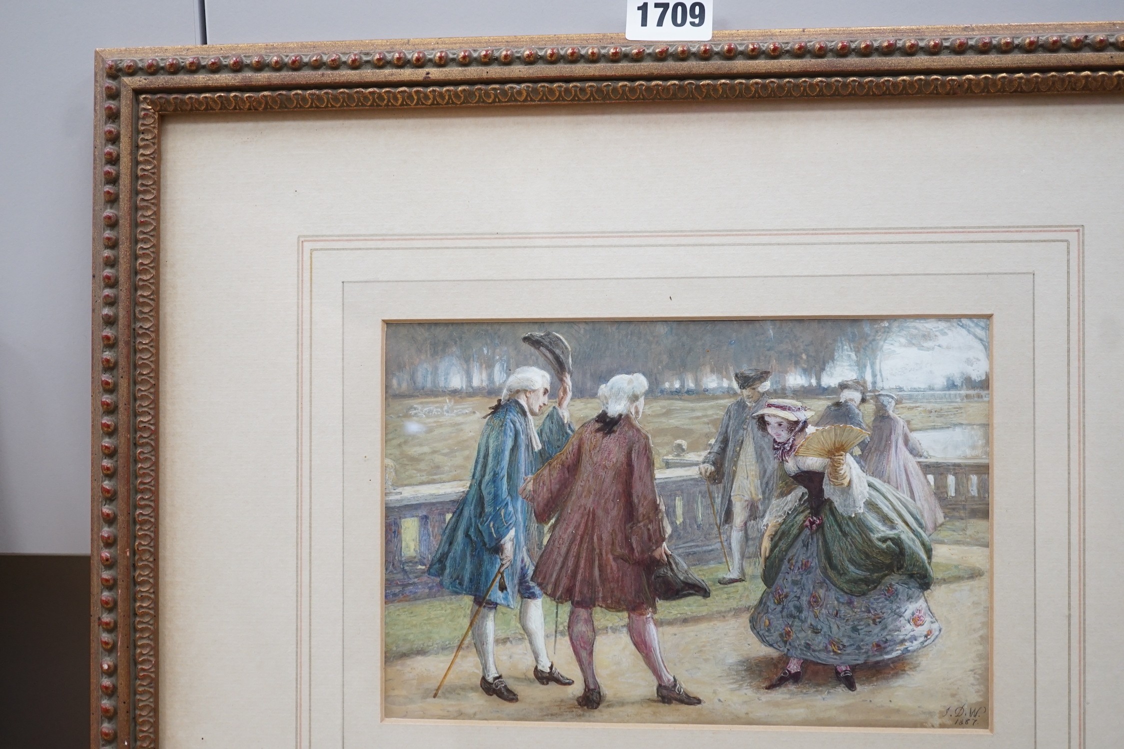 John Dawson Watson (1832-1892), two watercolours, Girls playing tennis, 17 x 14cm and Georgians on a terrace, initialled and dated 1887, 14 x 21.5cm